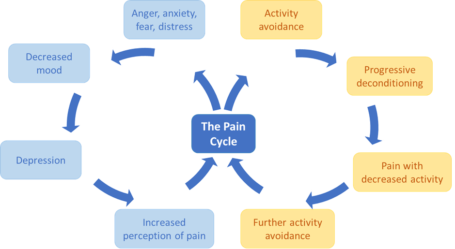 cycle showing how pain increases with either depression or lack of activity